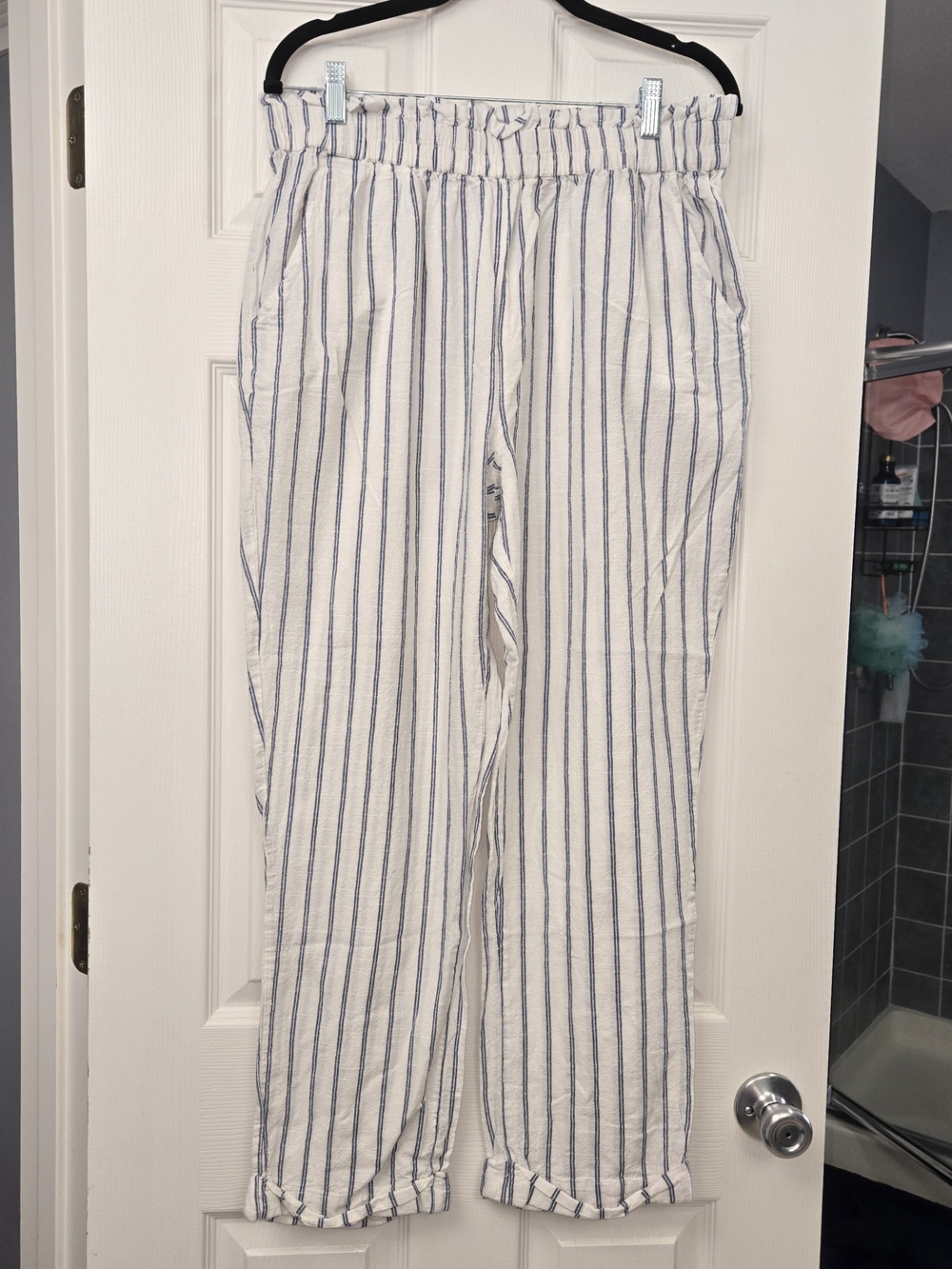 DEJA BLEU Cotton Striped Paperbag Pants XL White Blue Cuffed Beach Casual